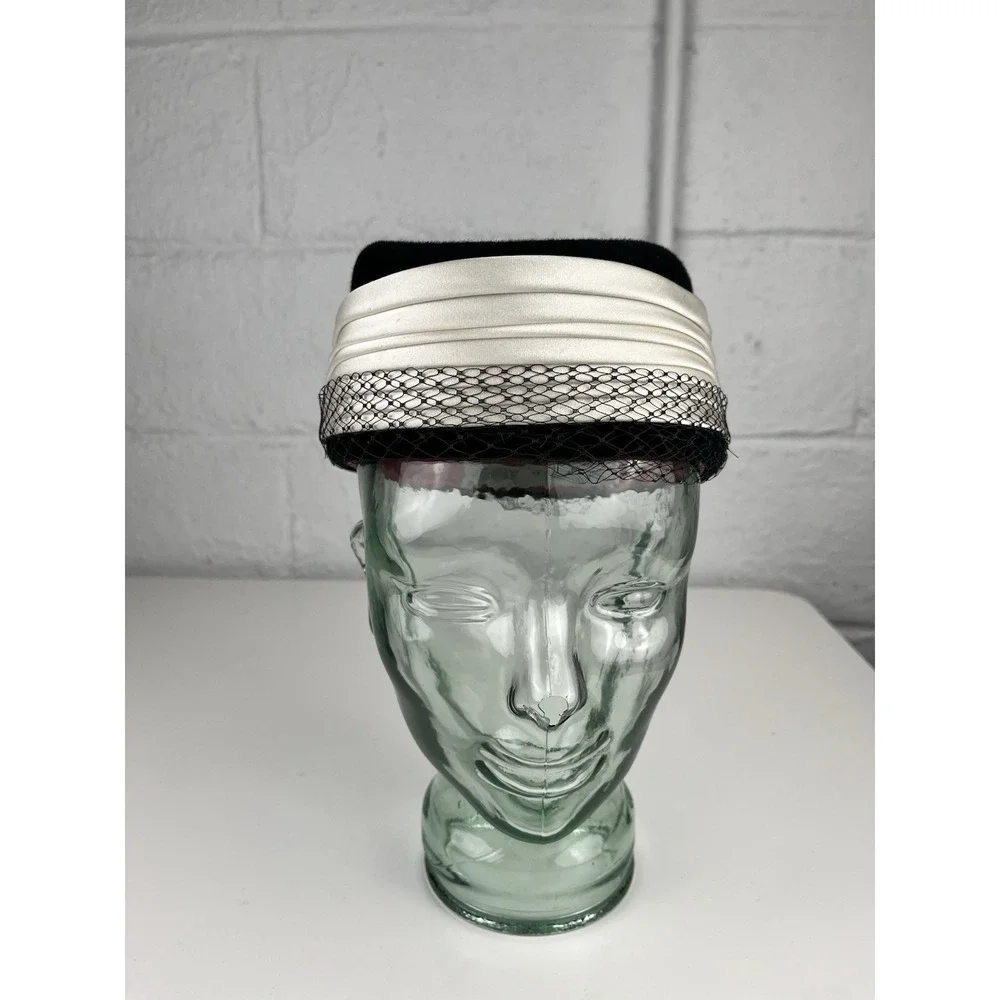 Vintage Pillbox Hat Satin Ribbon Black Ivory Rhinestone Accent Netting Wanamaker
